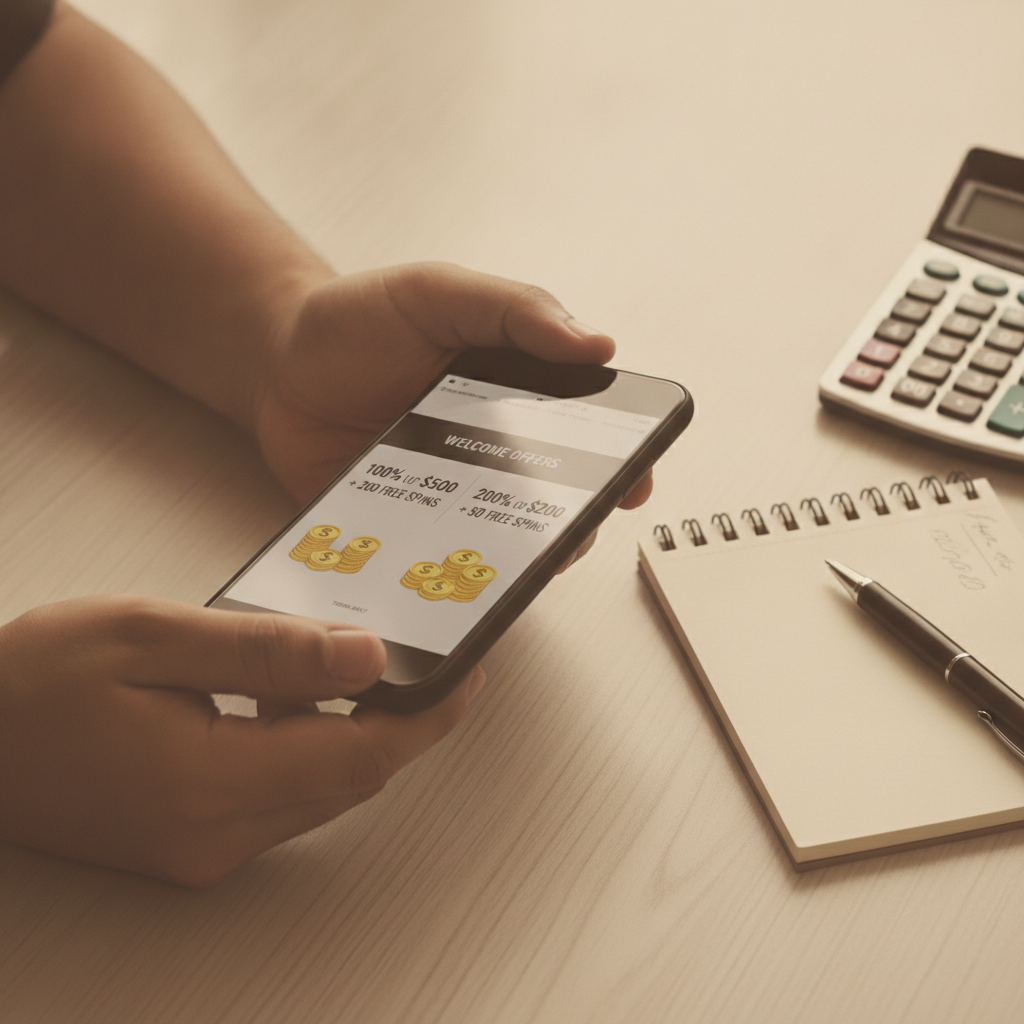 Filipino player comparing online casino bonus offers on mobile phone with calculator